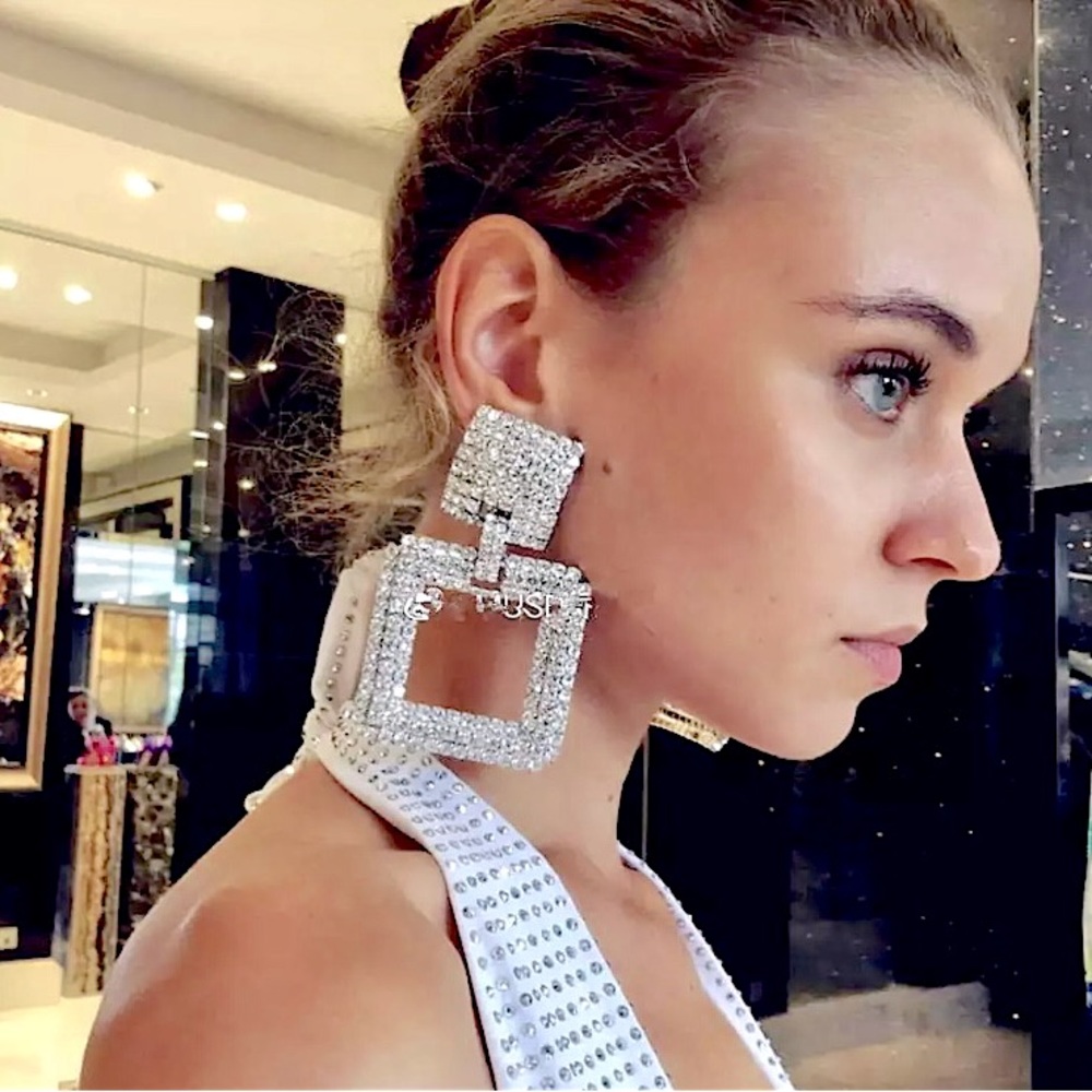 Silver Square Rhinestone Earrings - image 1